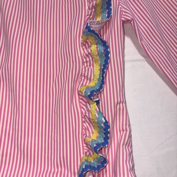 Mini Boden Seersucker Long Sleeve Ric Rac Ruffle Rashguard Swimsuit Size 6-7Y - Picture 2 of 8